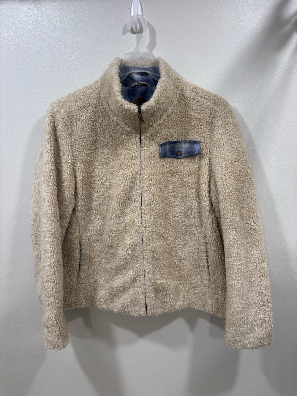 Pendleton Cream Sherpa Zip Jacket Women's XL Blue Plaid Trim
